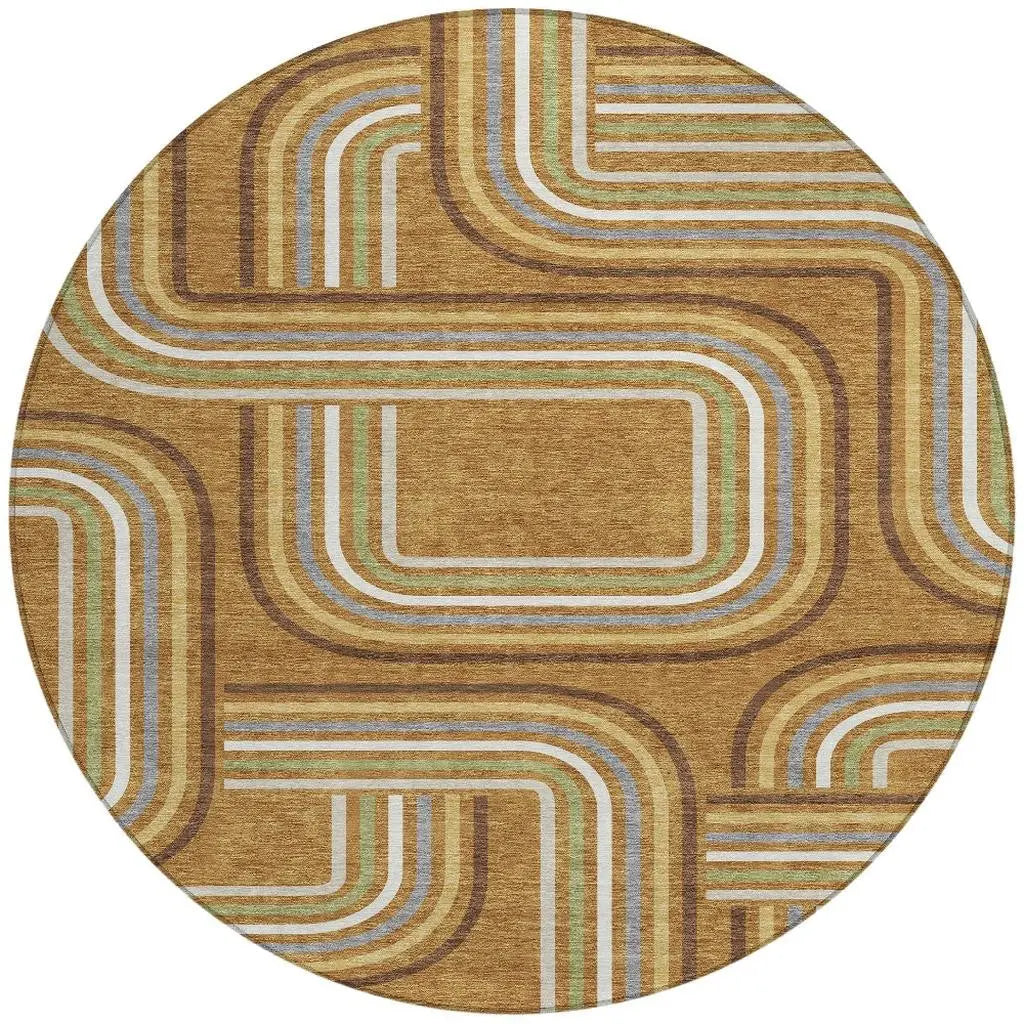 8' Orange And Gold Round Geometric Washable Indoor Outdoor Area Rug Homeroots Outdoor