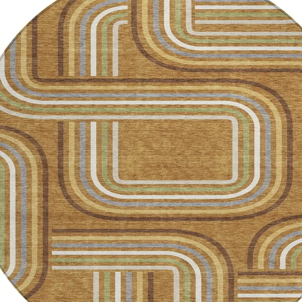 8' Orange And Gold Round Geometric Washable Indoor Outdoor Area Rug Homeroots Outdoor