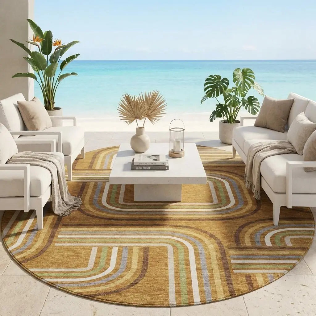 8' Orange And Gold Round Geometric Washable Indoor Outdoor Area Rug Homeroots Outdoor