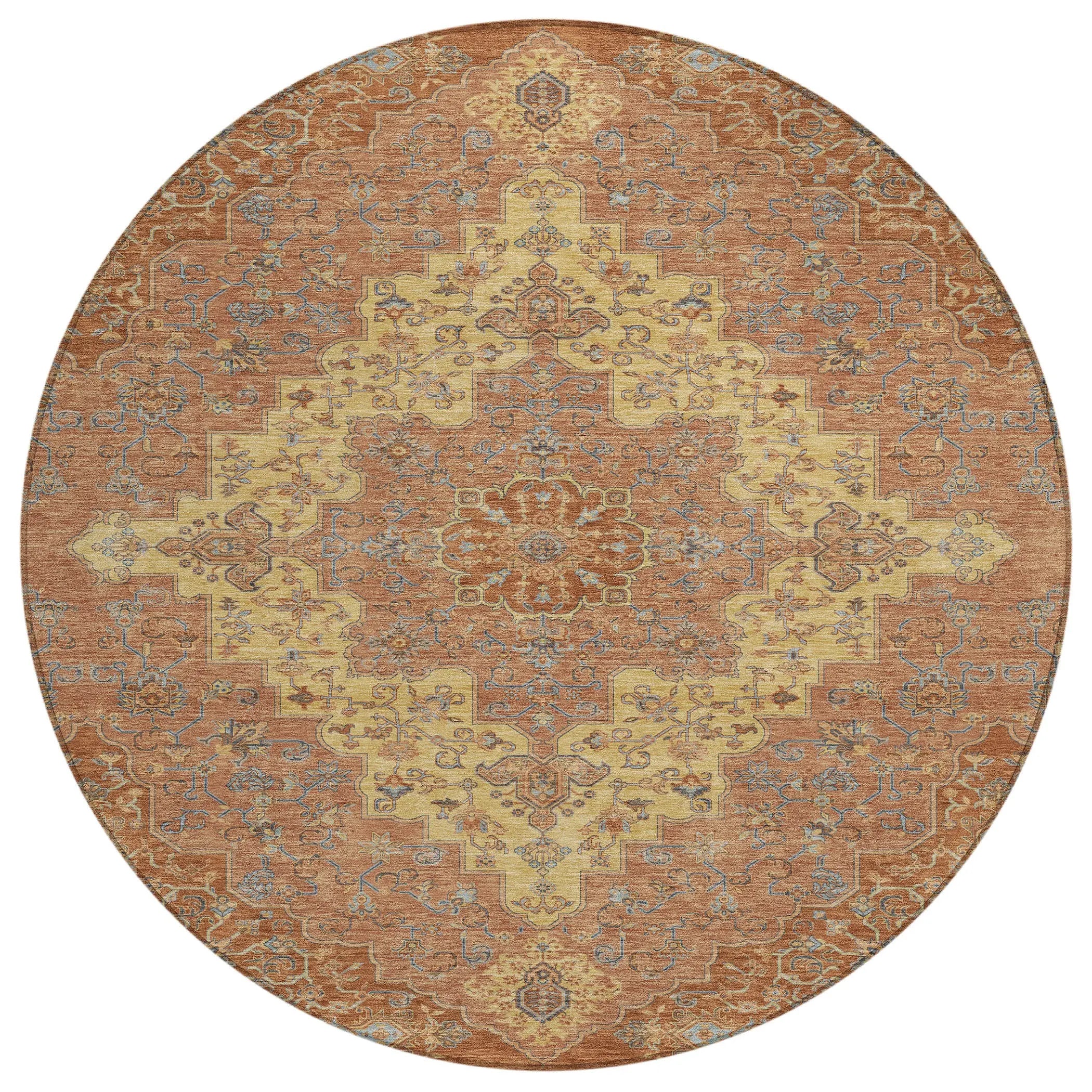 8' Orange And Gold Round Medallion Washable Indoor Outdoor Area Rug Homeroots Outdoor
