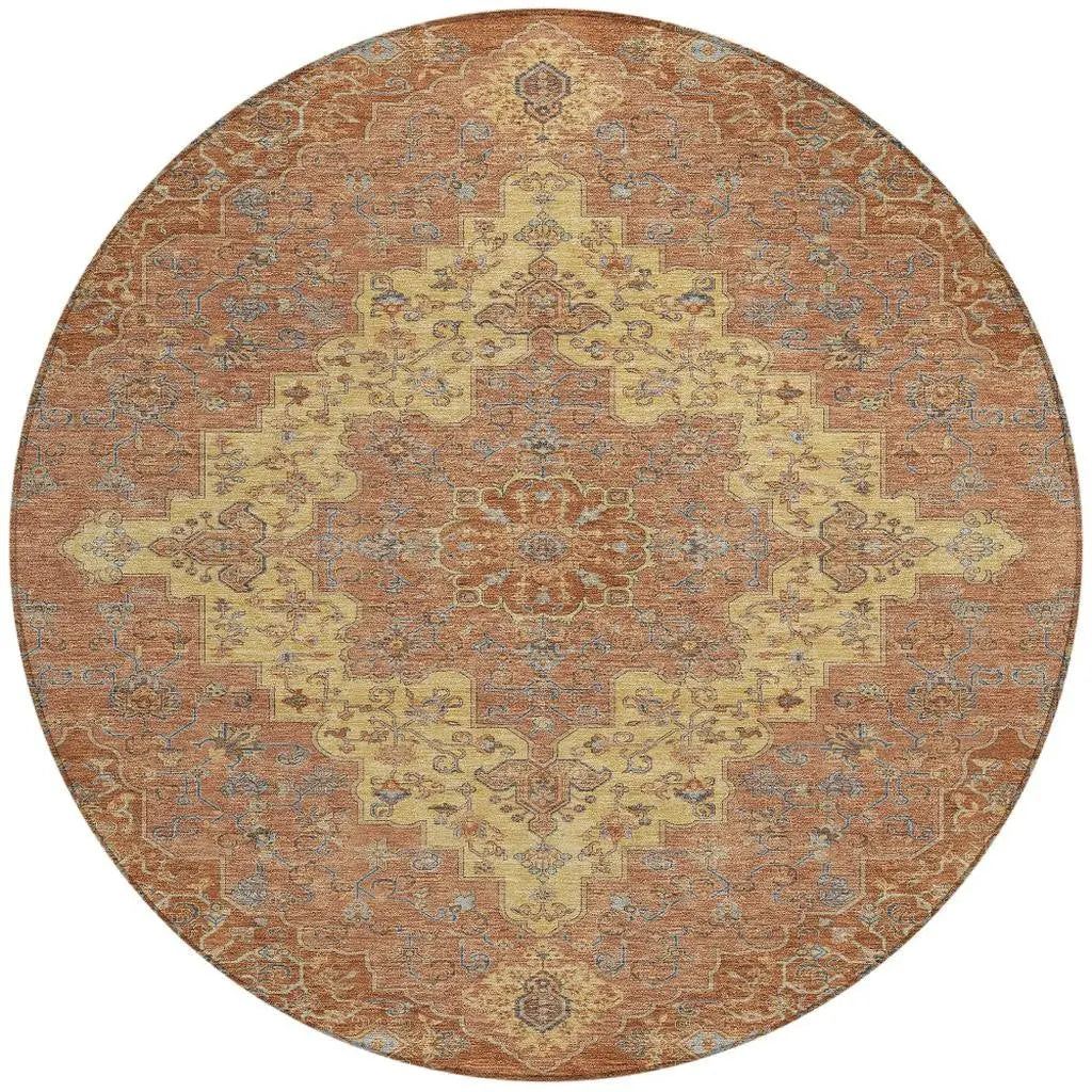 8' Orange And Gold Round Medallion Washable Indoor Outdoor Area Rug Homeroots Outdoor
