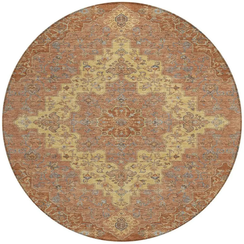 8' Orange And Gold Round Medallion Washable Indoor Outdoor Area Rug Homeroots Outdoor