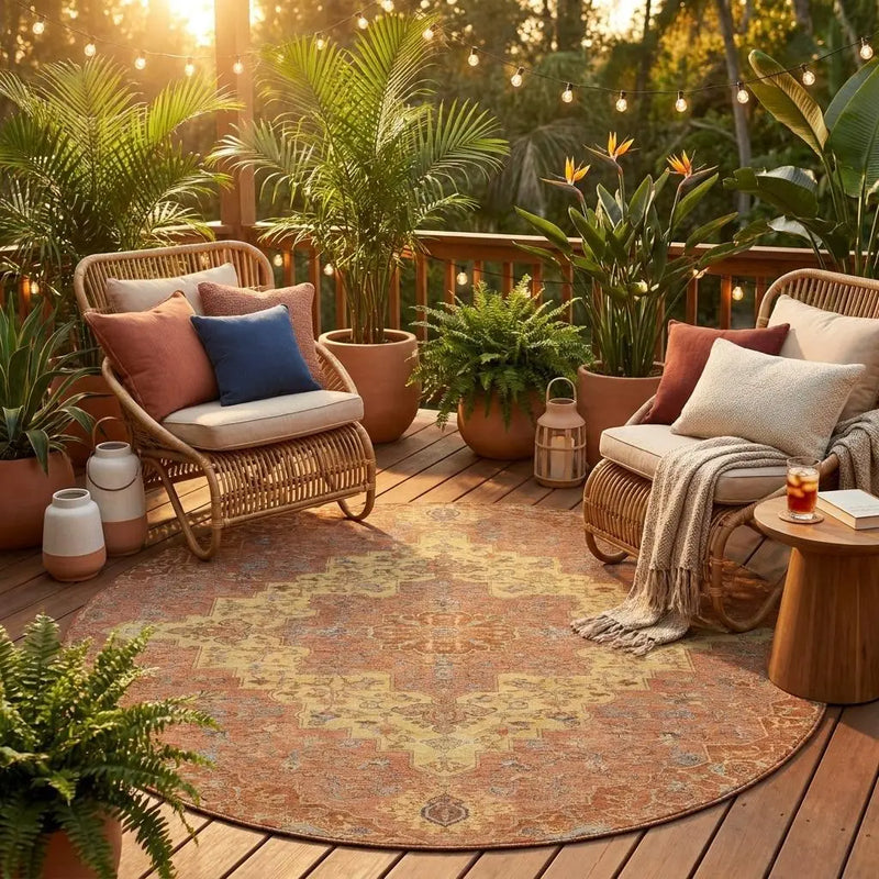 8' Orange And Gold Round Medallion Washable Indoor Outdoor Area Rug Homeroots Outdoor