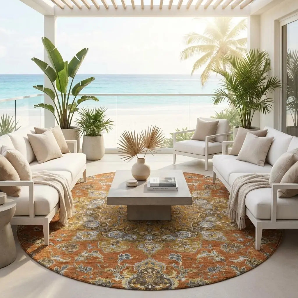 8' Orange And Gold Round Oriental Washable Indoor Outdoor Area Rug Homeroots Outdoor