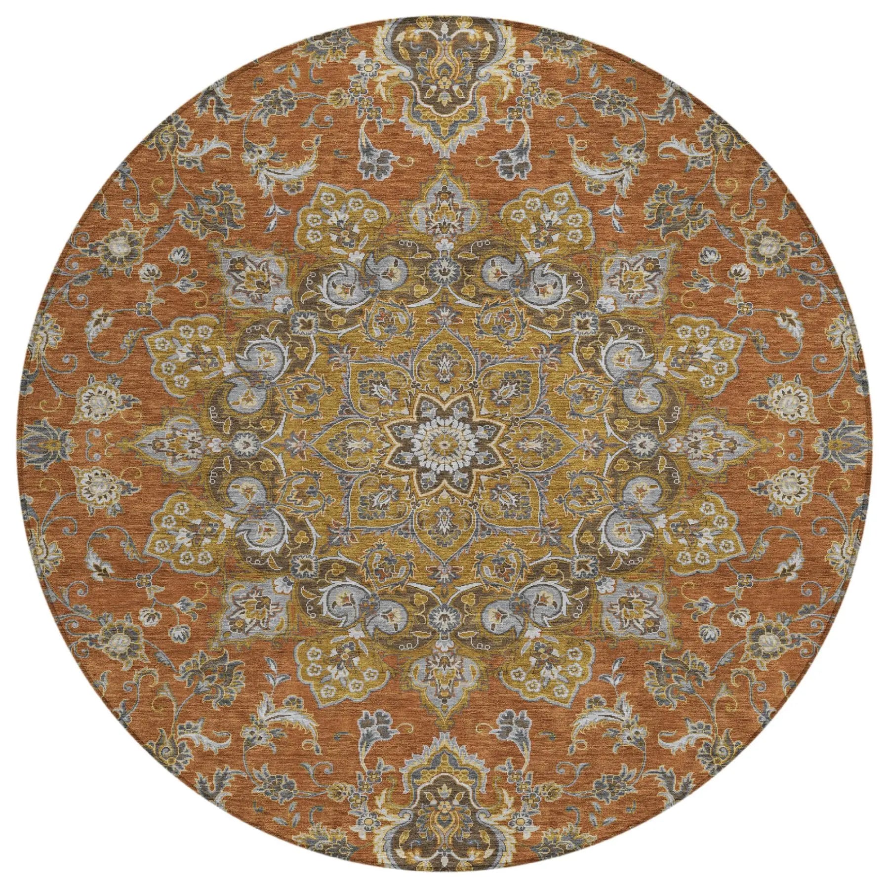 8' Orange And Gold Round Oriental Washable Indoor Outdoor Area Rug Homeroots Outdoor