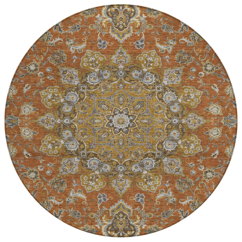 8' Orange And Gold Round Oriental Washable Indoor Outdoor Area Rug Homeroots Outdoor