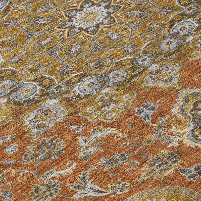 8' Orange And Gold Round Oriental Washable Indoor Outdoor Area Rug Homeroots Outdoor