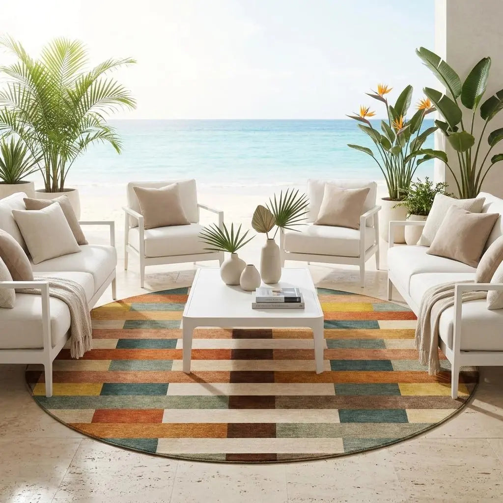 8' Orange And Gold Round Striped Washable Indoor Outdoor Area Rug Homeroots Outdoor