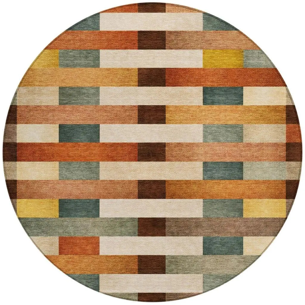 8' Orange And Gold Round Striped Washable Indoor Outdoor Area Rug Homeroots Outdoor