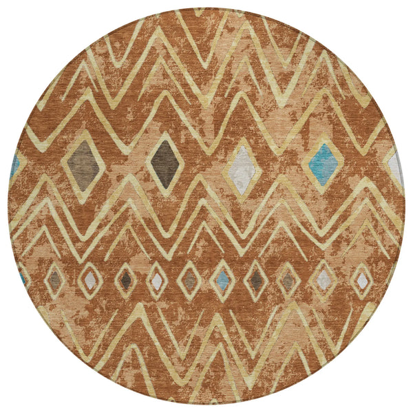 8' Orange And Graphite Round Geometric Washable Indoor Outdoor Area Rug Homeroots Outdoor