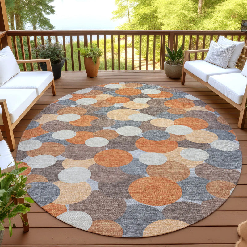 8' Orange And Gray Round Geometric Washable Indoor Outdoor Area Rug Homeroots Outdoor