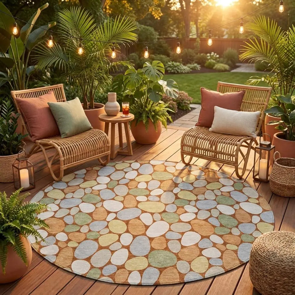8' Orange And Gray Round Geometric Washable Indoor Outdoor Area Rug Homeroots Outdoor