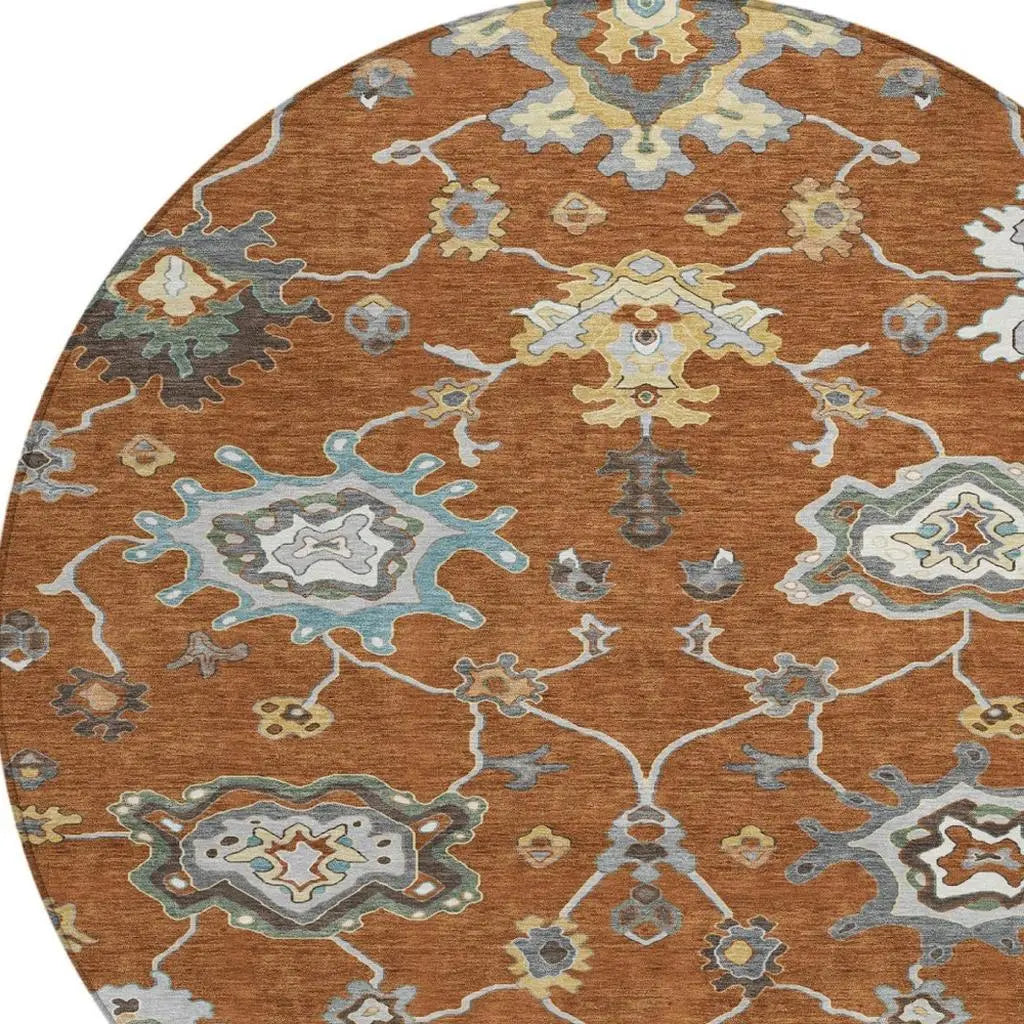8' Orange And Gray Round Oriental Washable Indoor Outdoor Area Rug Homeroots Outdoor