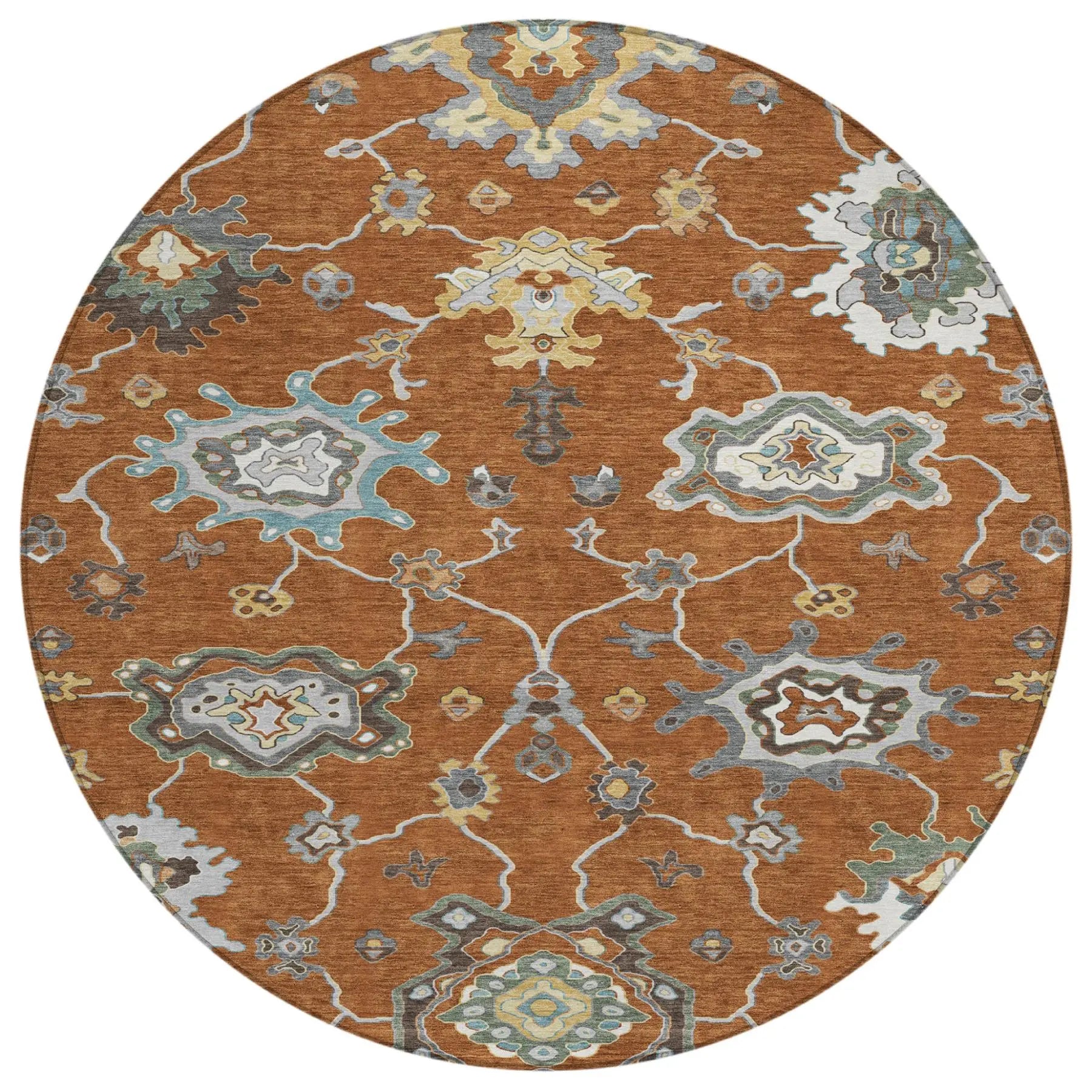 8' Orange And Gray Round Oriental Washable Indoor Outdoor Area Rug Homeroots Outdoor