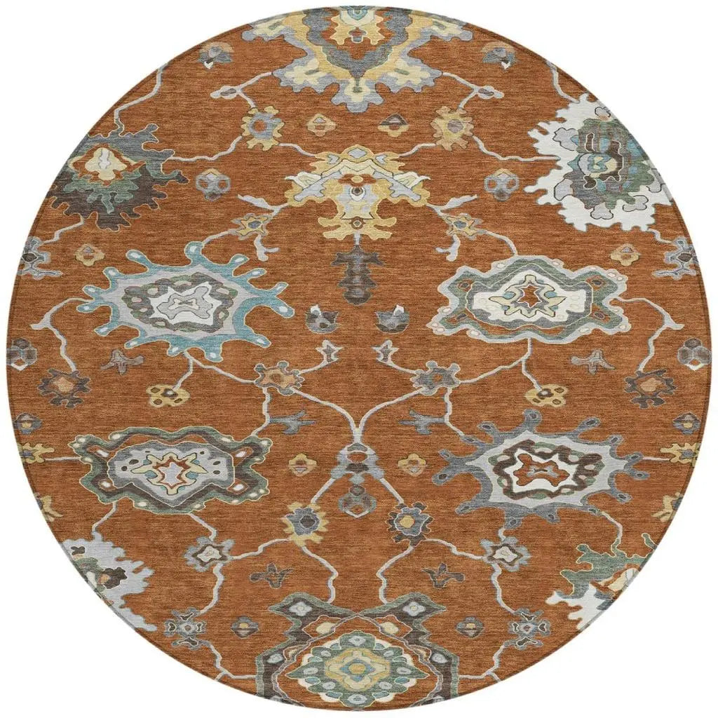 8' Orange And Gray Round Oriental Washable Indoor Outdoor Area Rug Homeroots Outdoor