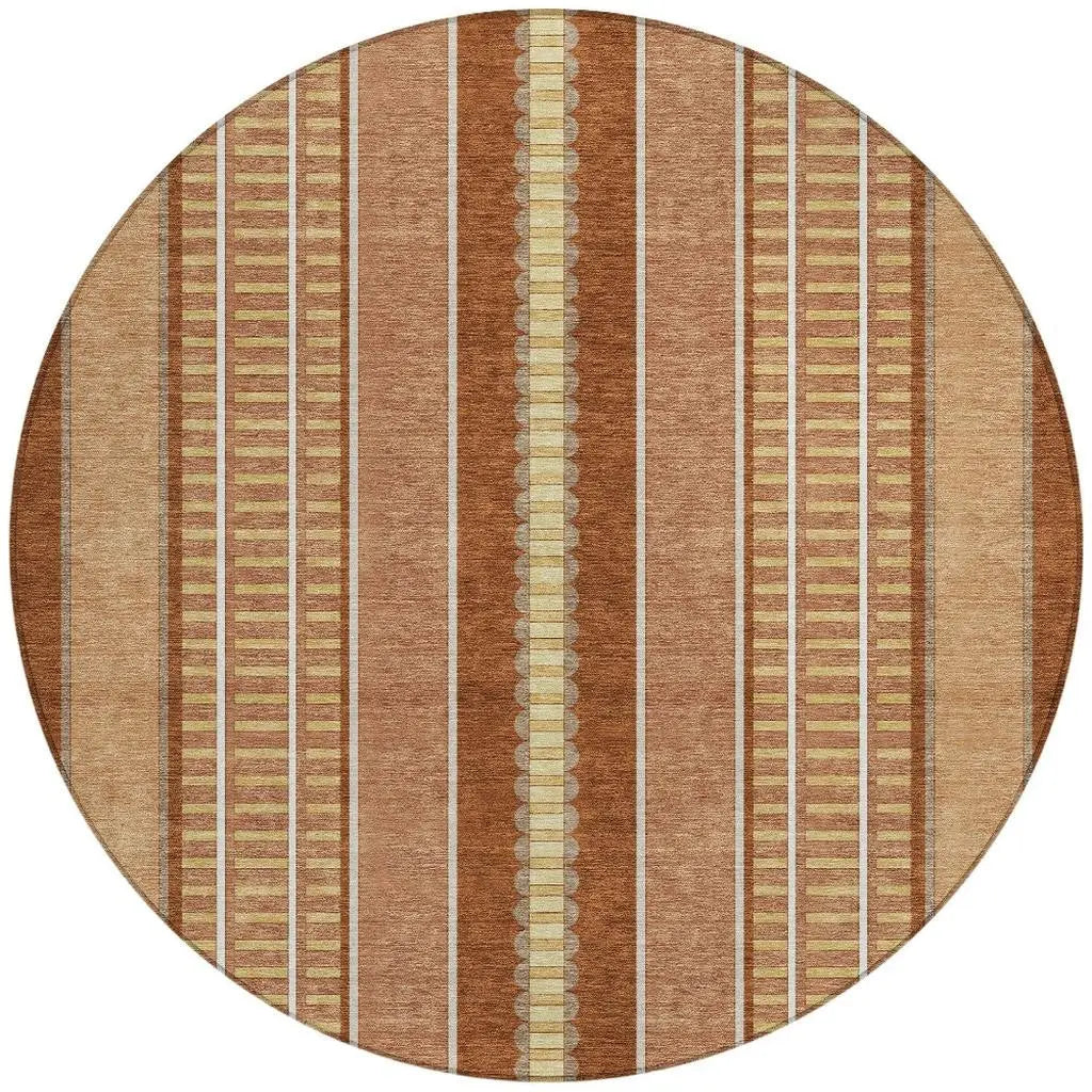 8' Orange And Gray Round Striped Washable Indoor Outdoor Area Rug Homeroots Outdoor