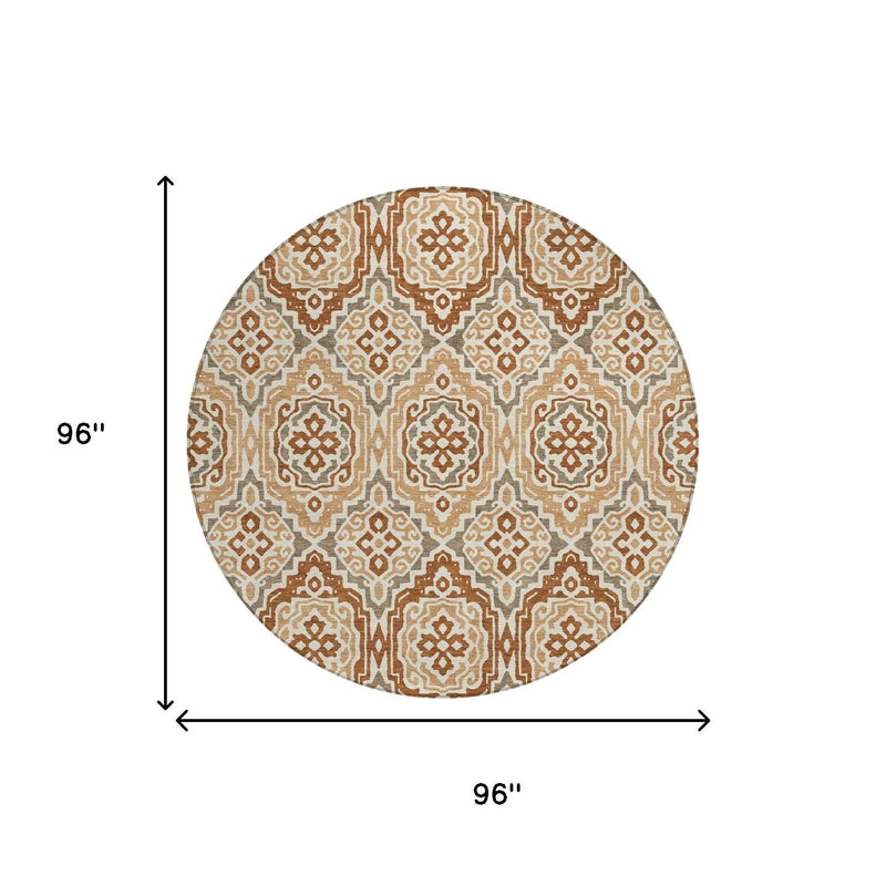 8' Orange And Gray Round Tribal Washable Indoor Outdoor Area Rug Homeroots Outdoor