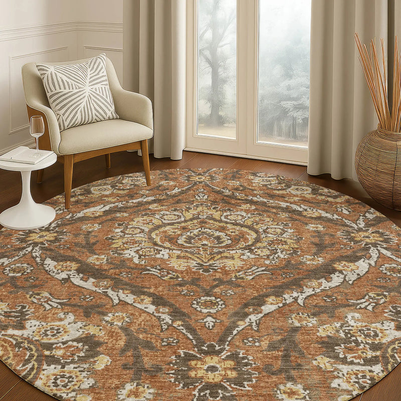 8' Orange And Green Round Floral Washable Indoor Outdoor Area Rug Homeroots Outdoor