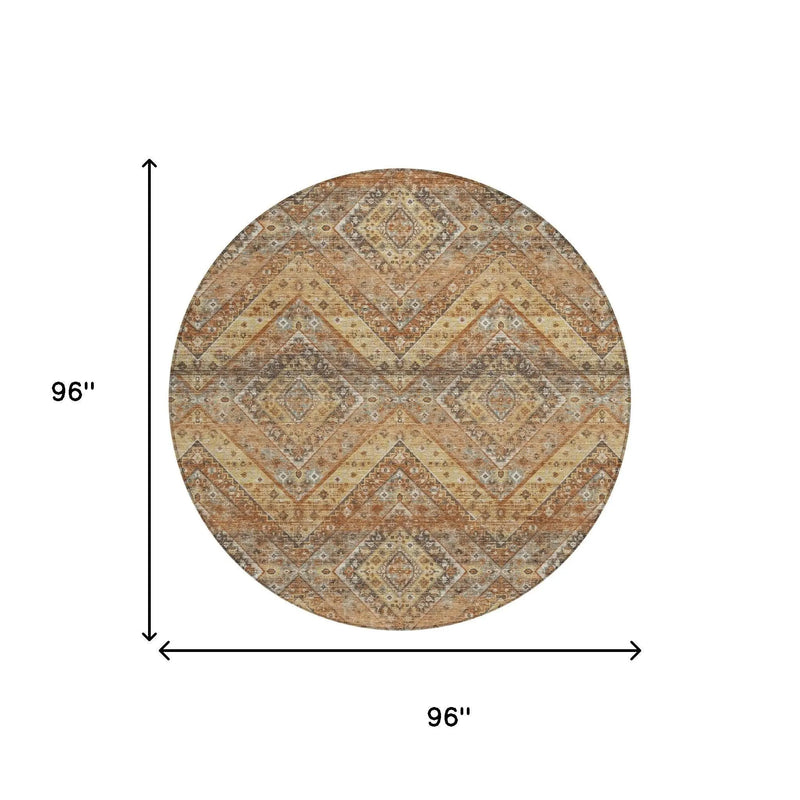 8' Orange And Green Round Tribal Washable Indoor Outdoor Area Rug Homeroots Outdoor