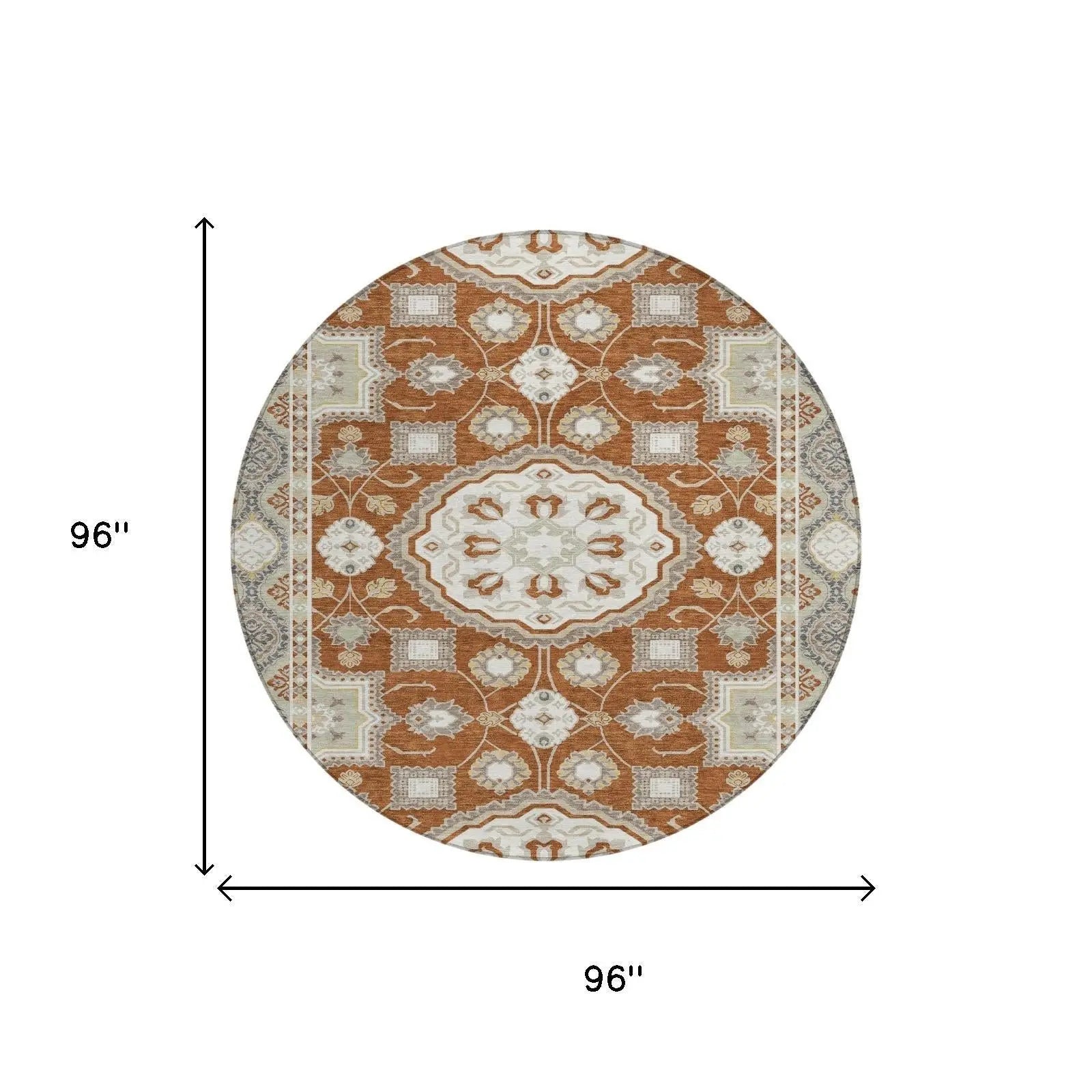 8' Orange And Ivory Round Floral Medallion Washable Indoor Outdoor Area Rug Homeroots Outdoor