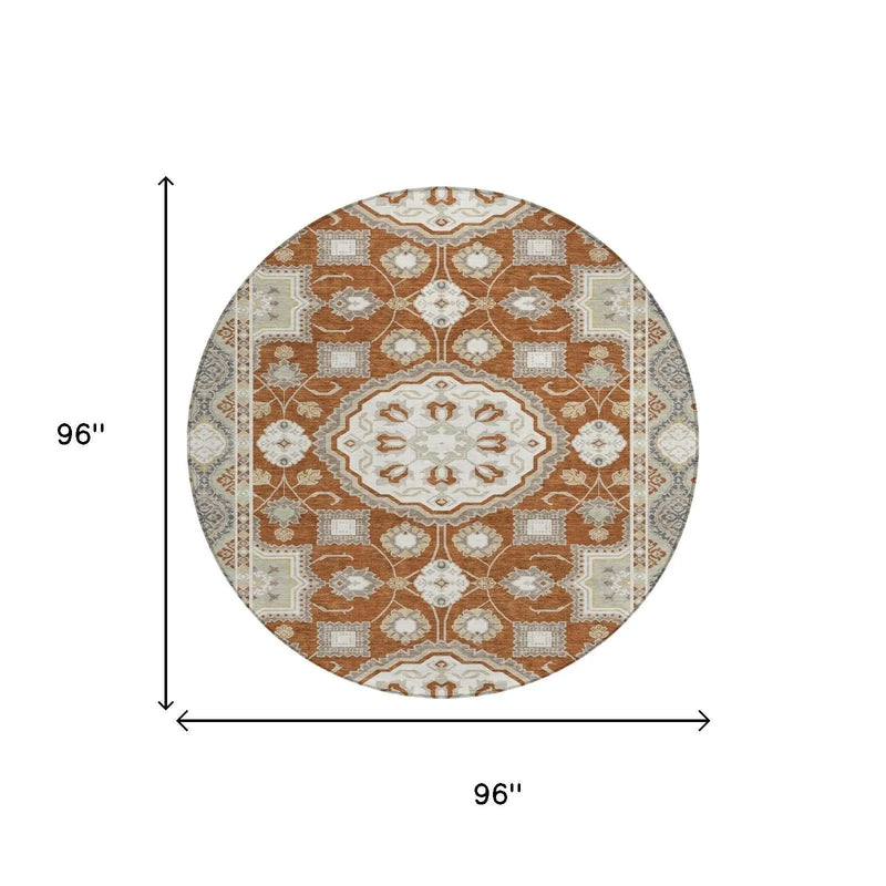 8' Orange And Ivory Round Floral Medallion Washable Indoor Outdoor Area Rug Homeroots Outdoor