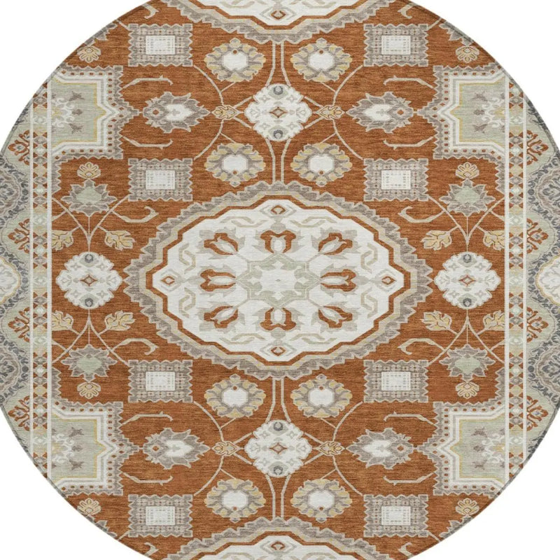8' Orange And Ivory Round Floral Medallion Washable Indoor Outdoor Area Rug Homeroots Outdoor
