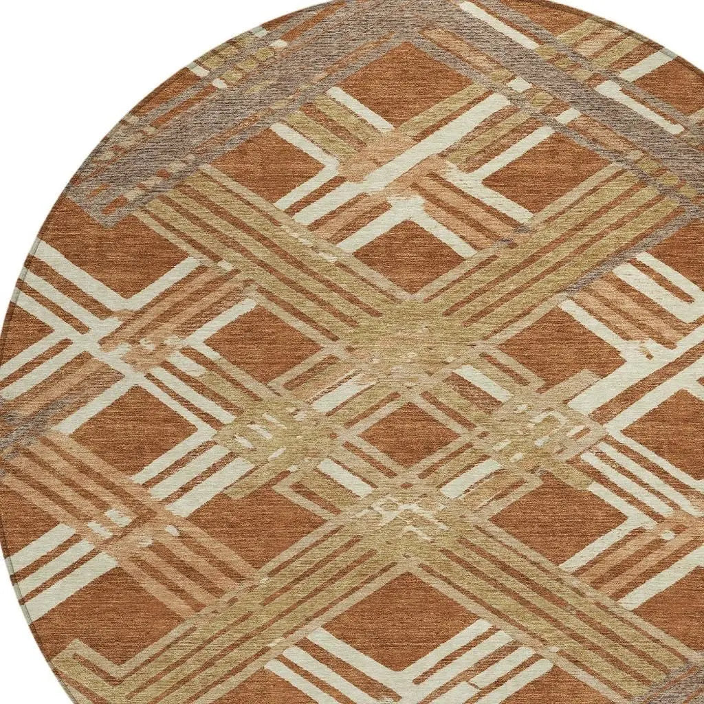 8' Orange And Ivory Round Geometric Washable Indoor Outdoor Area Rug Homeroots Outdoor