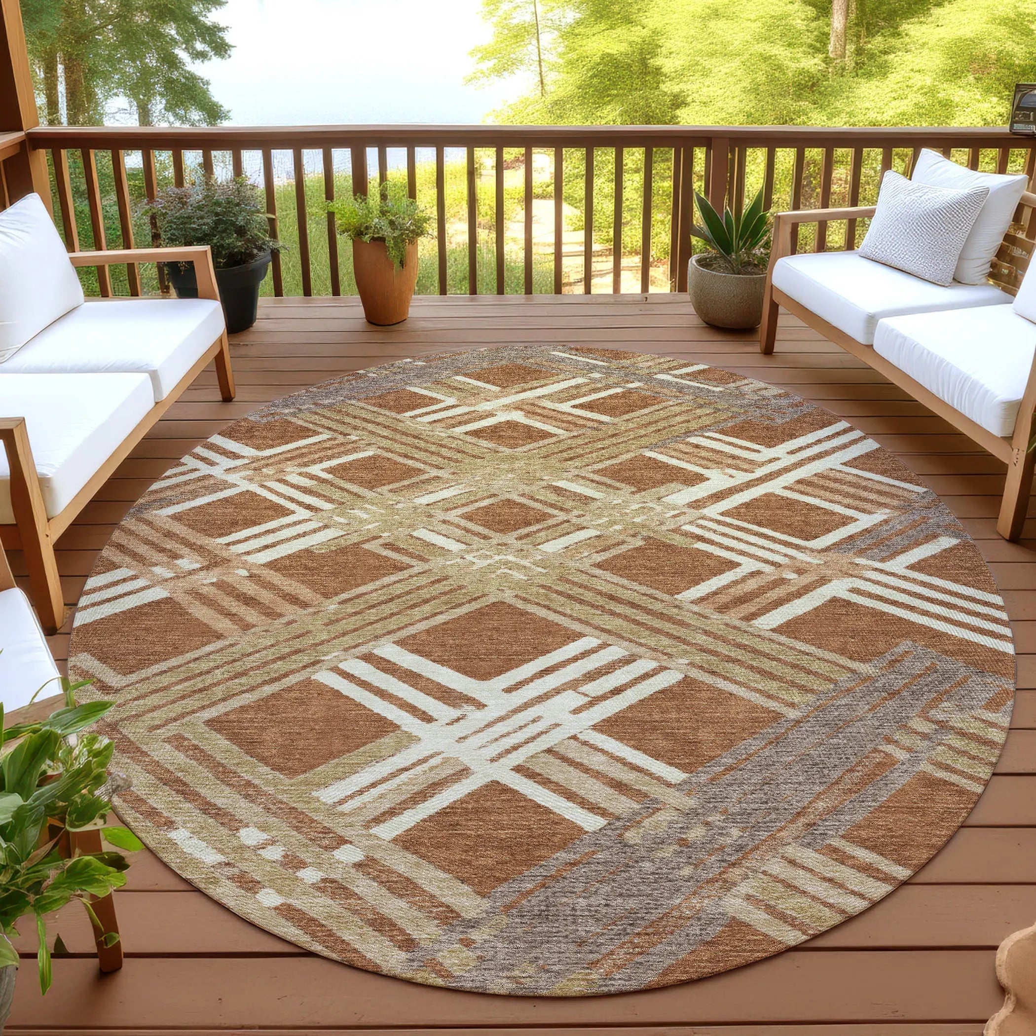 8' Orange And Ivory Round Geometric Washable Indoor Outdoor Area Rug Homeroots Outdoor