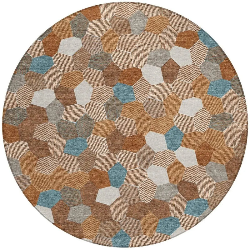 8' Orange And Ivory Round Geometric Washable Indoor Outdoor Area Rug Homeroots Outdoor