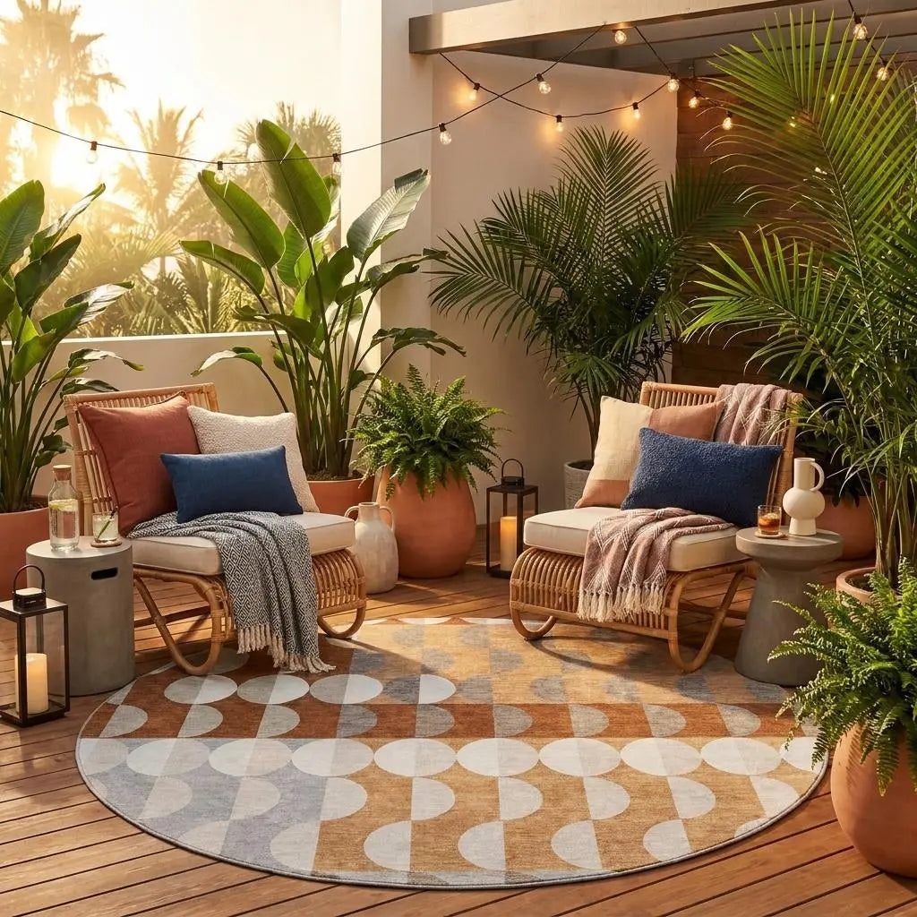 8' Orange And Ivory Round Geometric Washable Indoor Outdoor Area Rug Homeroots Outdoor