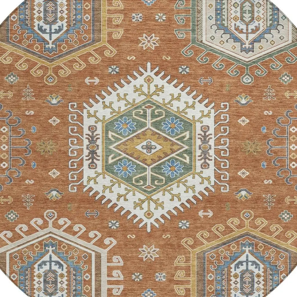 8' Orange And Ivory Round Tribal Washable Indoor Outdoor Area Rug Homeroots Outdoor