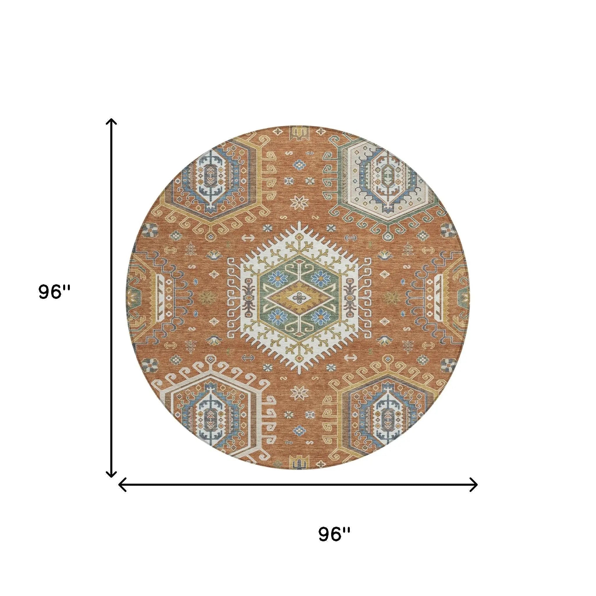8' Orange And Ivory Round Tribal Washable Indoor Outdoor Area Rug Homeroots Outdoor