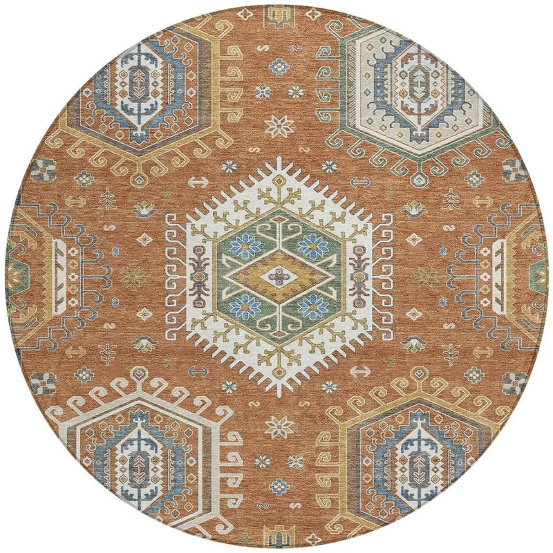 8' Orange And Ivory Round Tribal Washable Indoor Outdoor Area Rug Homeroots Outdoor