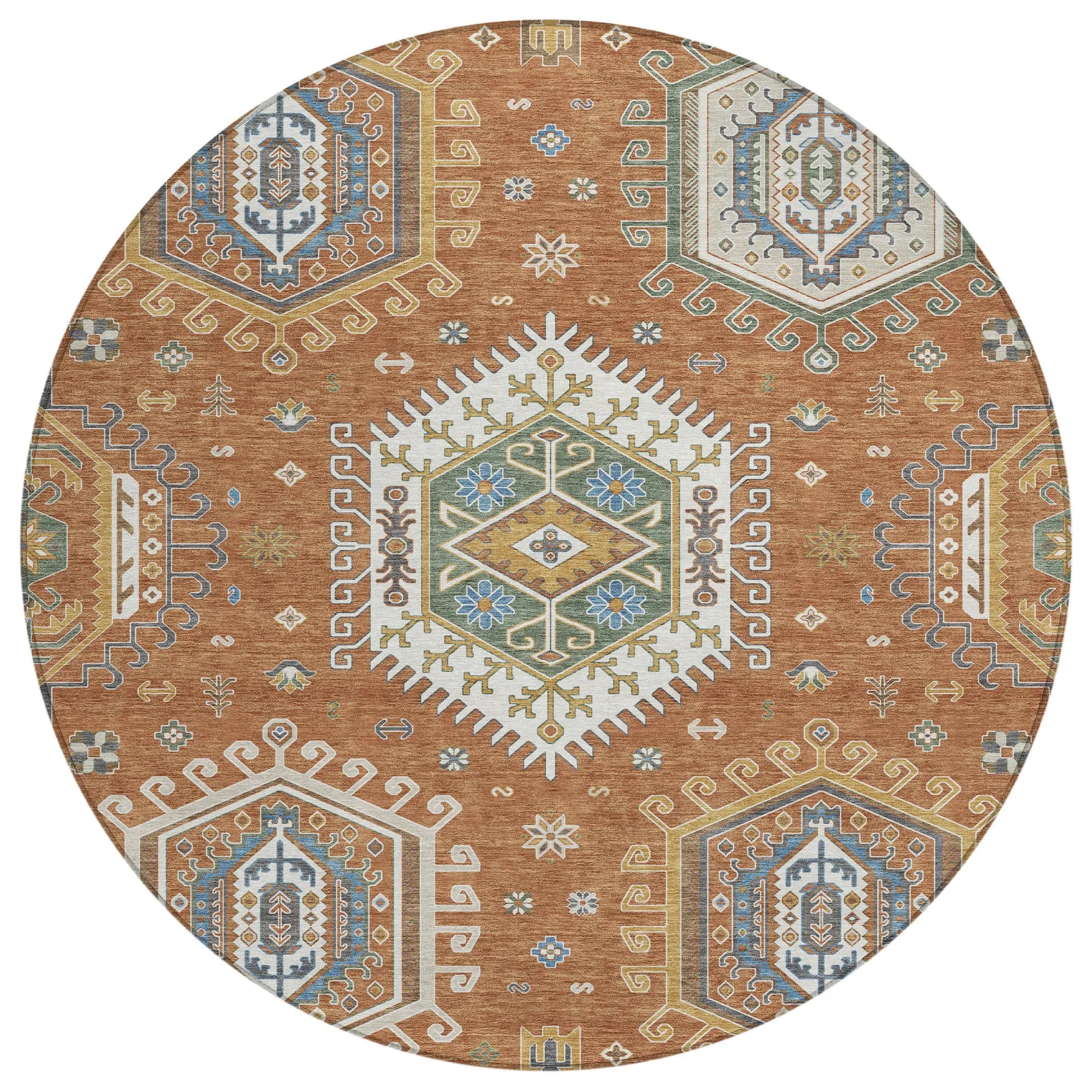 8' Orange And Ivory Round Tribal Washable Indoor Outdoor Area Rug Homeroots Outdoor
