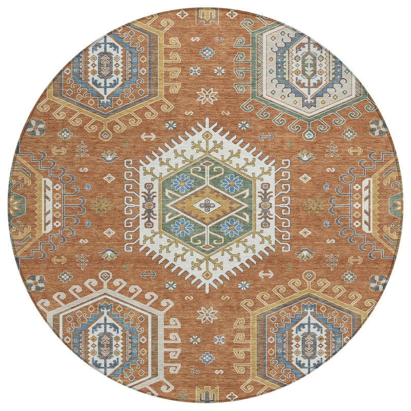 8' Orange And Ivory Round Tribal Washable Indoor Outdoor Area Rug Homeroots Outdoor
