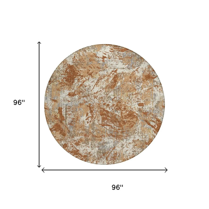8' Orange And Khaki Round Abstract Washable Indoor Outdoor Area Rug Homeroots Outdoor