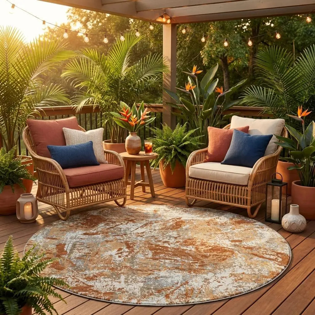 8' Orange And Khaki Round Abstract Washable Indoor Outdoor Area Rug Homeroots Outdoor