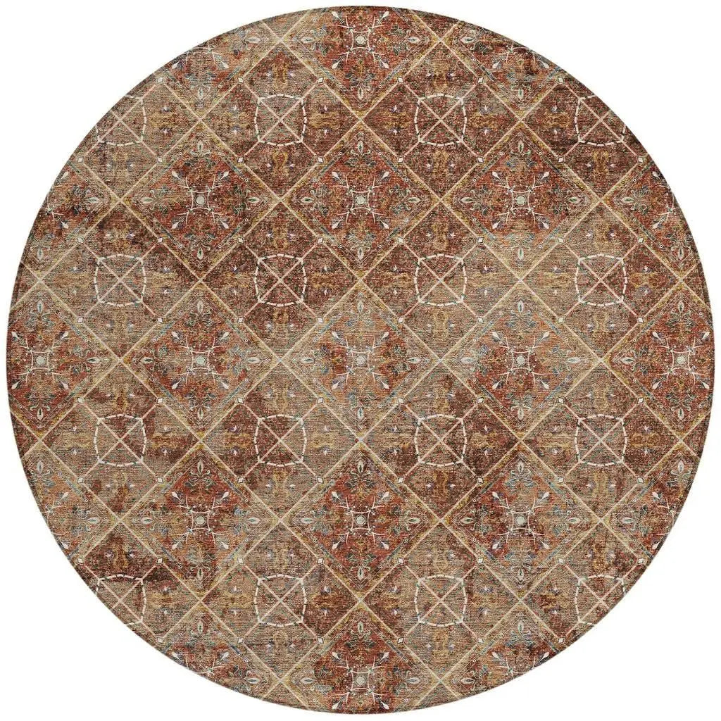 8' Orange And Khaki Round Geometric Washable Indoor Outdoor Area Rug Homeroots Outdoor