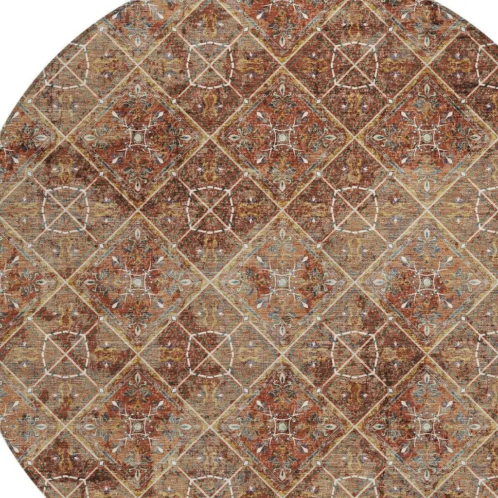8' Orange And Khaki Round Geometric Washable Indoor Outdoor Area Rug Homeroots Outdoor