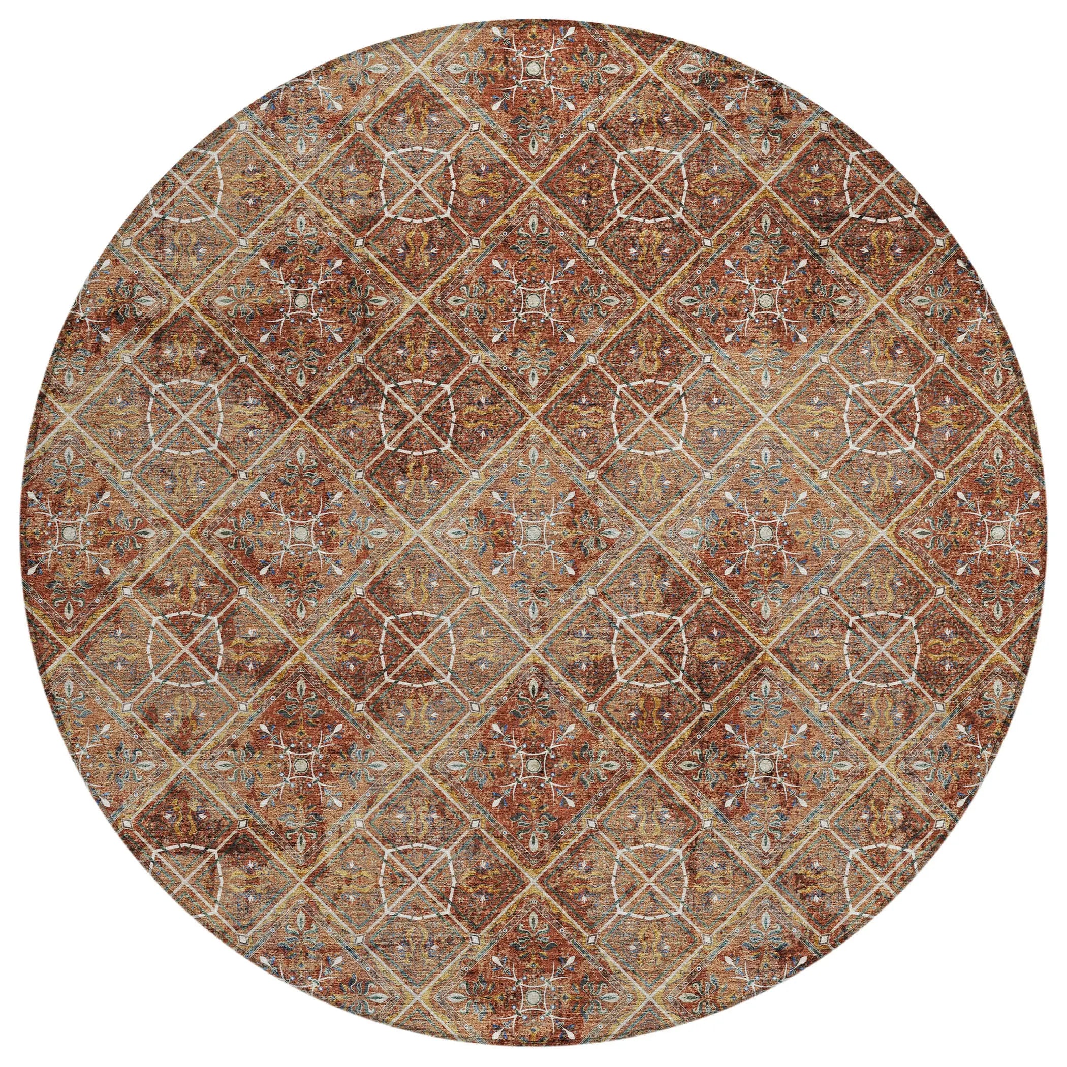 8' Orange And Khaki Round Geometric Washable Indoor Outdoor Area Rug Homeroots Outdoor