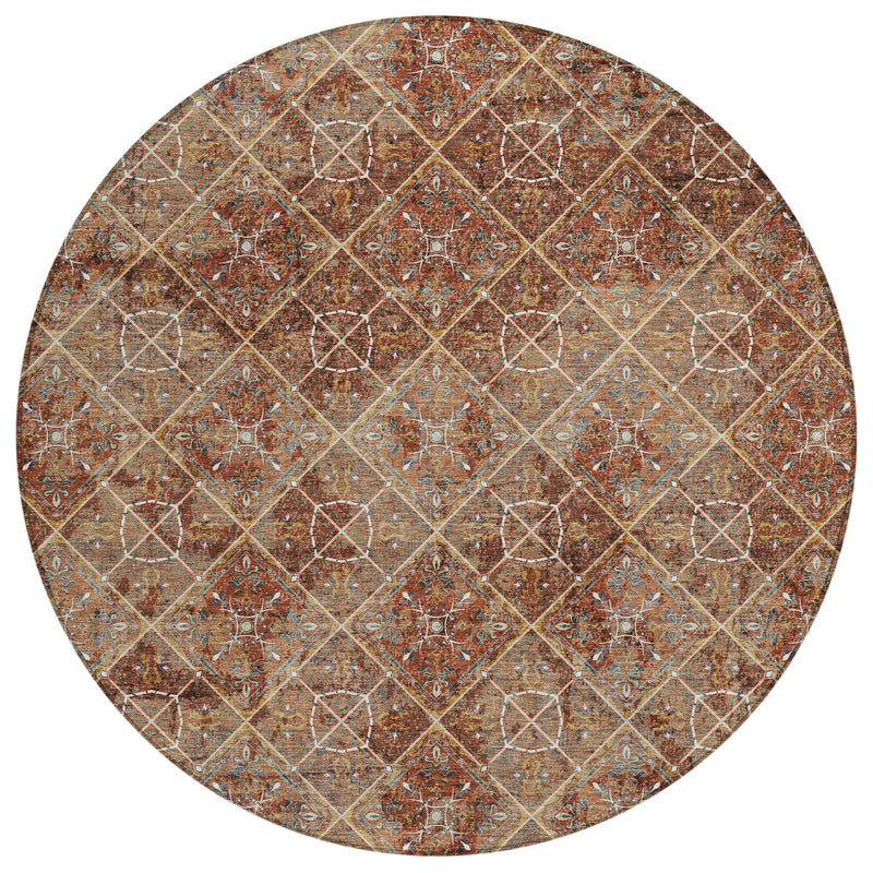 8' Orange And Khaki Round Geometric Washable Indoor Outdoor Area Rug Homeroots Outdoor