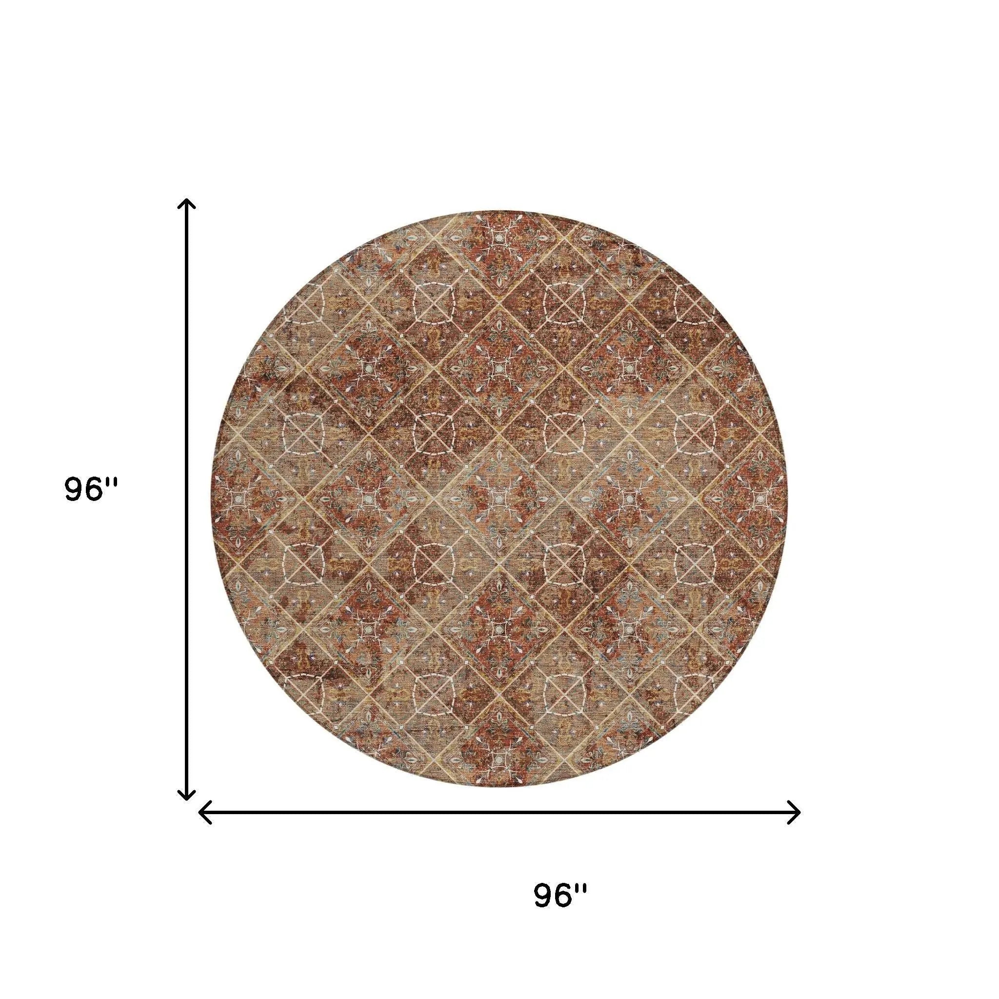 8' Orange And Khaki Round Geometric Washable Indoor Outdoor Area Rug Homeroots Outdoor