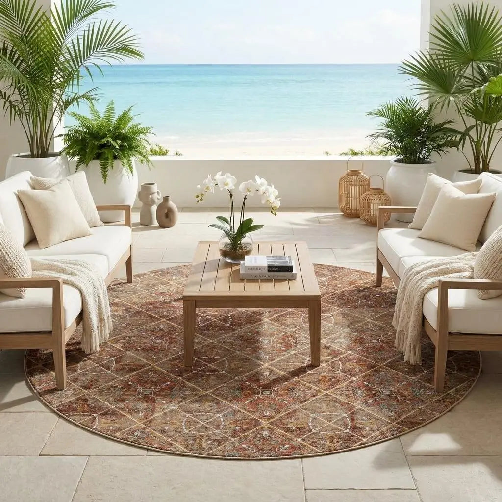 8' Orange And Khaki Round Geometric Washable Indoor Outdoor Area Rug Homeroots Outdoor
