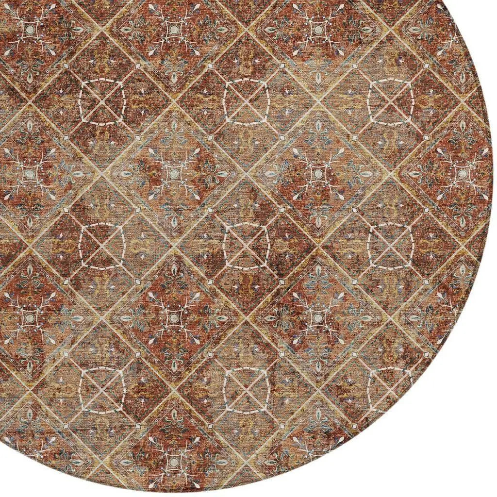 8' Orange And Khaki Round Geometric Washable Indoor Outdoor Area Rug Homeroots Outdoor