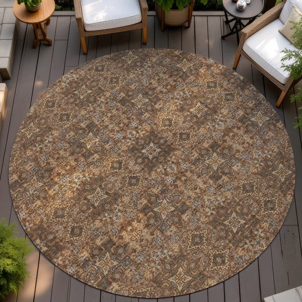 8' Orange And Linen Round Oriental Washable Indoor Outdoor Area Rug Homeroots Outdoor