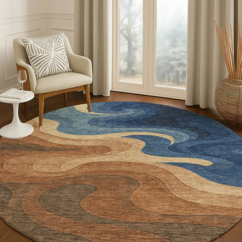 8' Orange And Navy Blue Round Abstract Washable Indoor Outdoor Area Rug Homeroots Outdoor