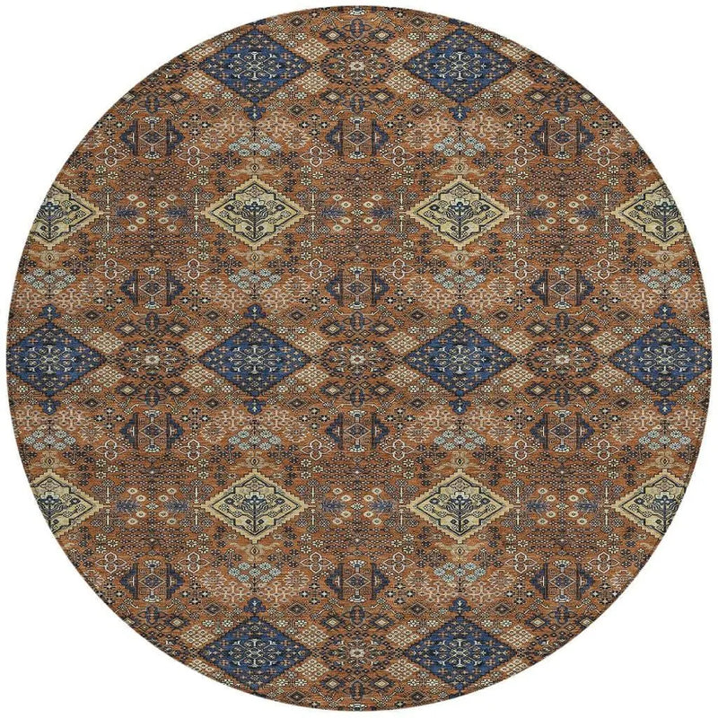 8' Orange And Navy Blue Round Geometric Washable Indoor Outdoor Area Rug Homeroots Outdoor
