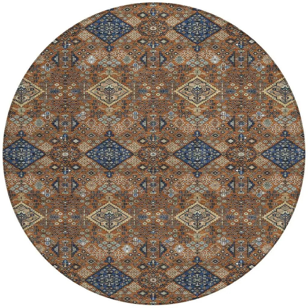 8' Orange And Navy Blue Round Geometric Washable Indoor Outdoor Area Rug Homeroots Outdoor