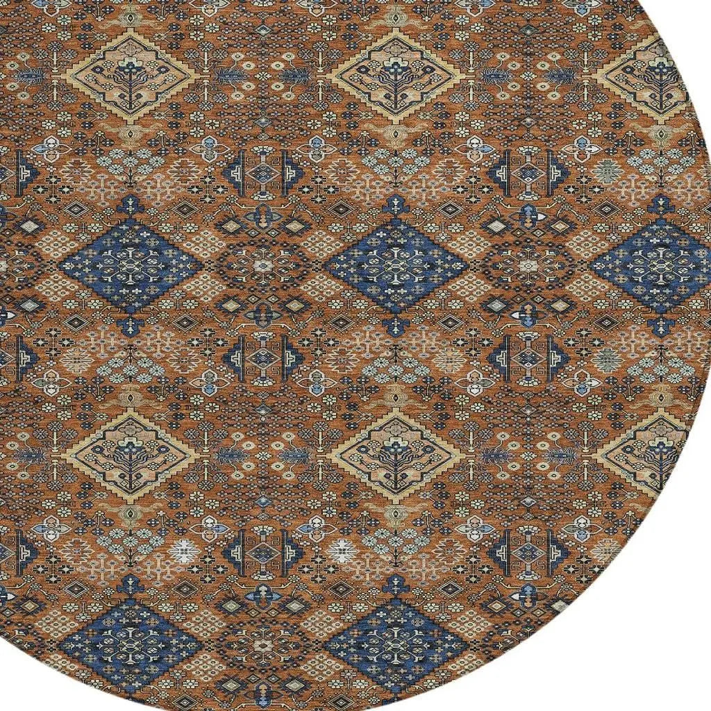 8' Orange And Navy Blue Round Geometric Washable Indoor Outdoor Area Rug Homeroots Outdoor