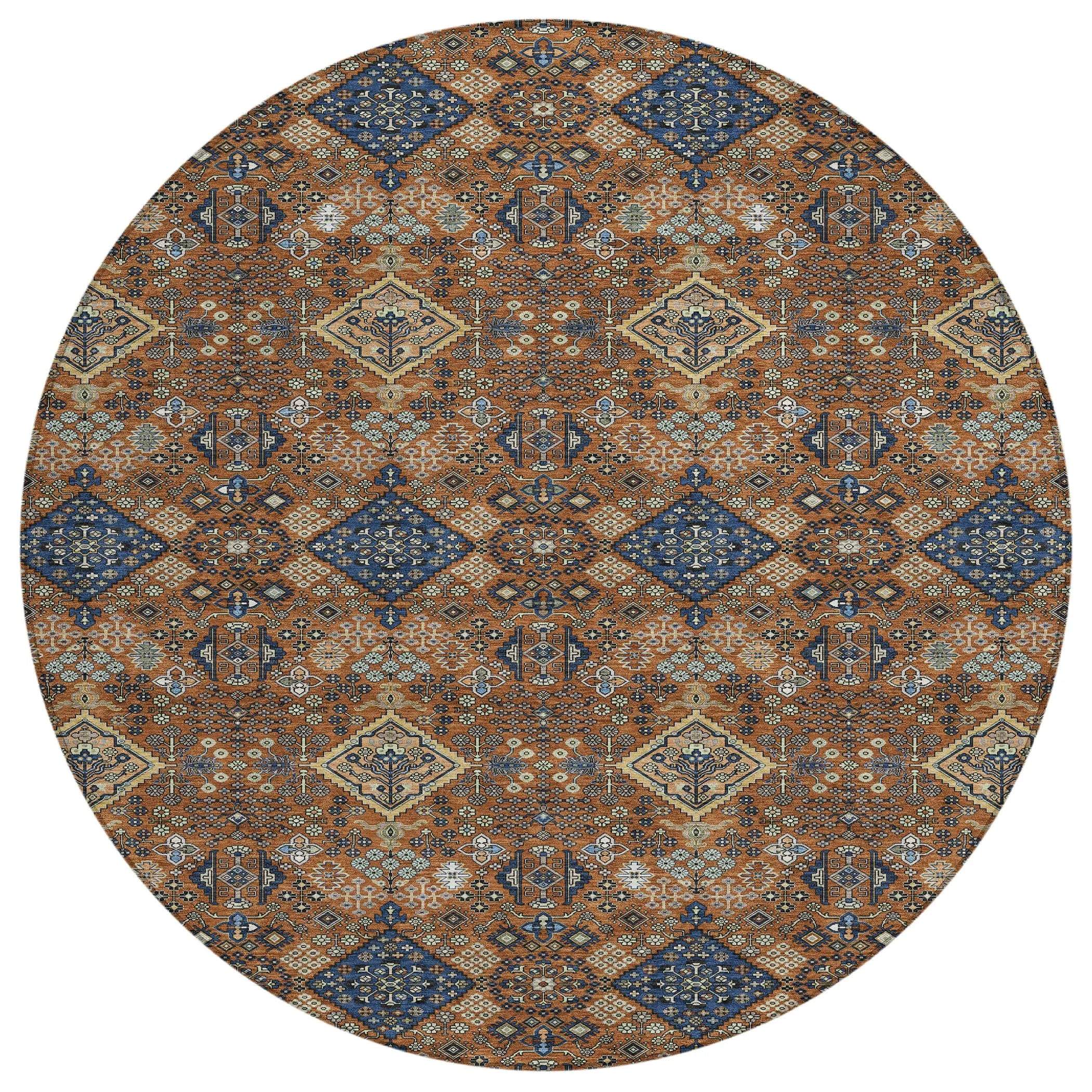 8' Orange And Navy Blue Round Geometric Washable Indoor Outdoor Area Rug Homeroots Outdoor